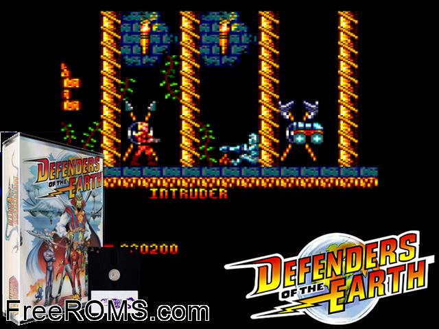 Defenders of the Earth (UK) (1990) [h1] Amstrad CPC game showing 3D box cover and gameplay screenshot